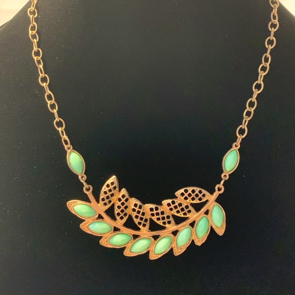 Antique gold & Aqua Green Leaf Necklace